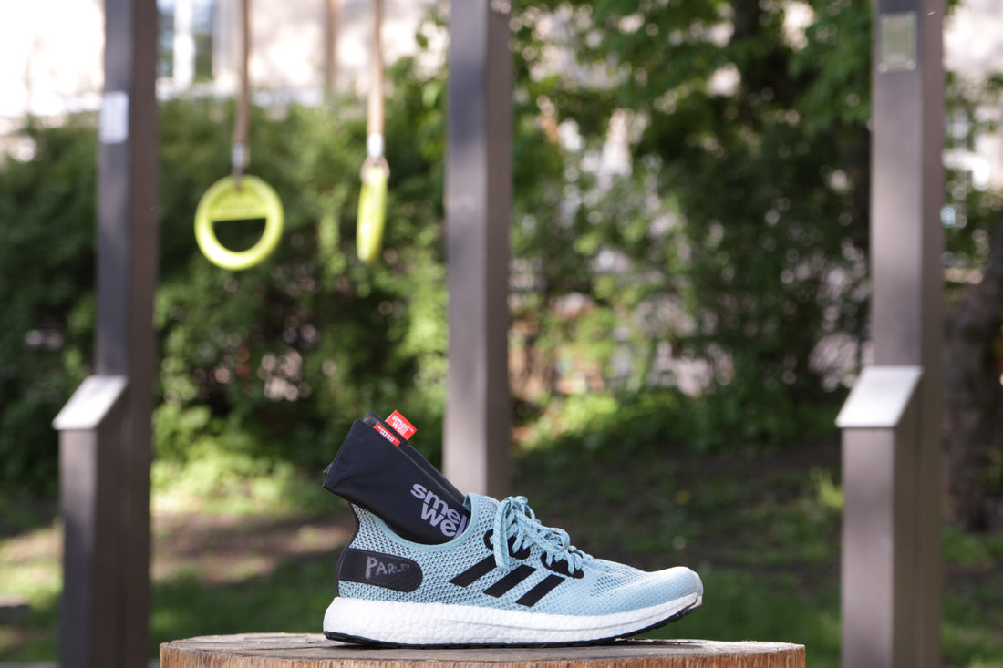 a blue shoe outside on a sunny day with a smellwell insert inside it to remove bad smell
