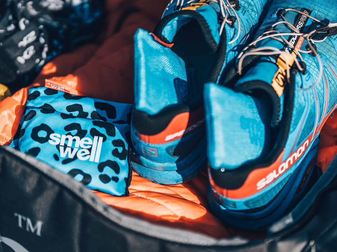 Blue SmellWell active inserts inside a pair of blue Salomon Shoes. 