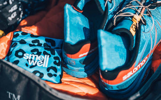 Blue SmellWell active inserts inside a pair of blue Salomon Shoes. 