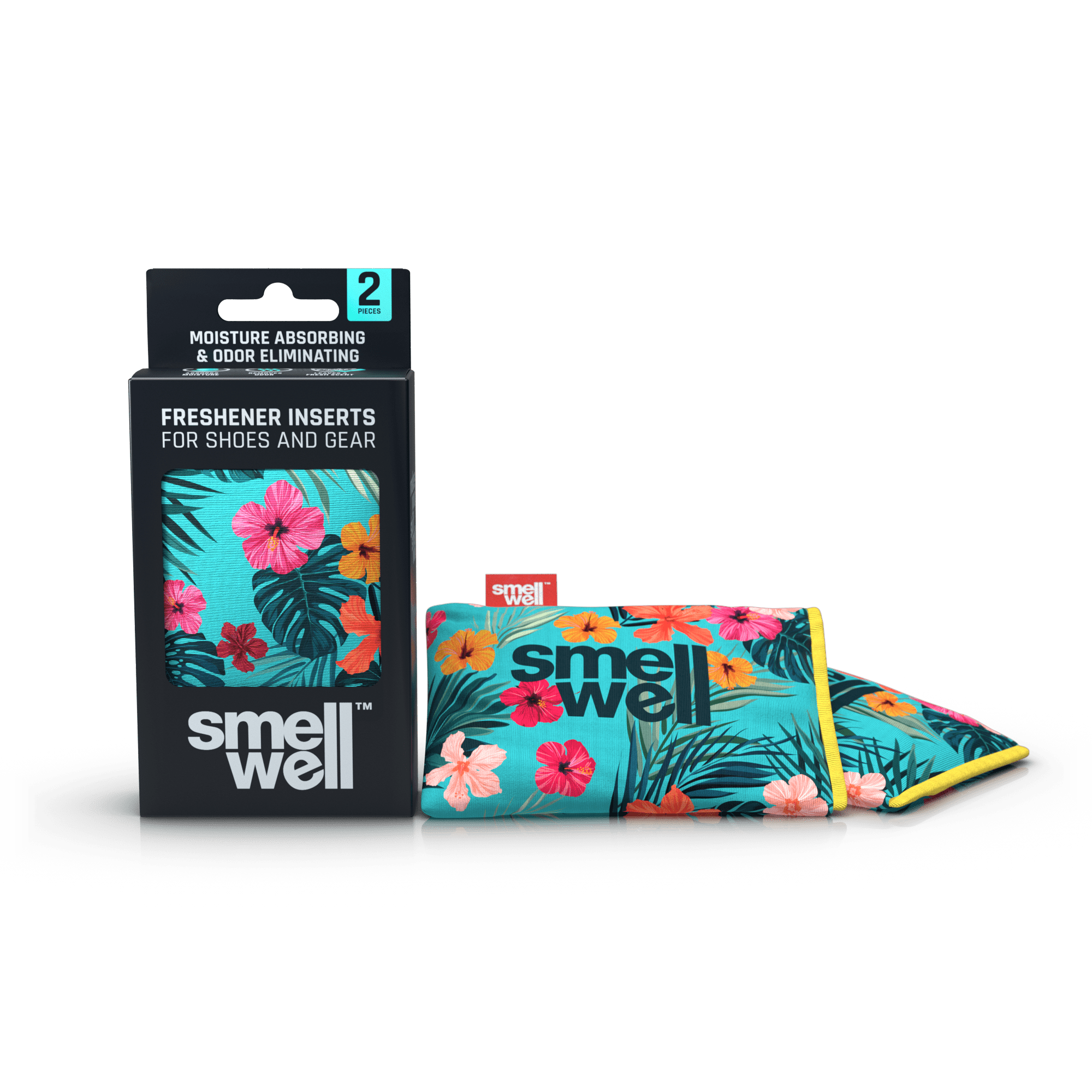 A package of SmellWell Active - Tropical Blue and 2 SmellWell Active - Tropical Blue freshener inserts bags next to it
