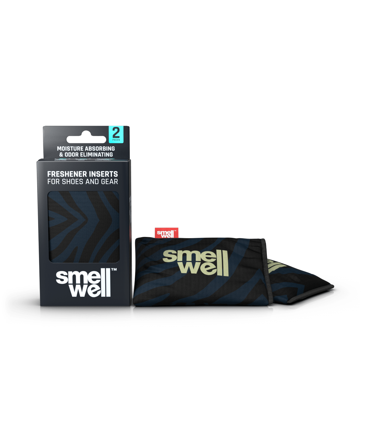 A package of SmellWell Active - Black Zebra and 2 SmellWell Active - Black Zebra freshener inserts bags next to it