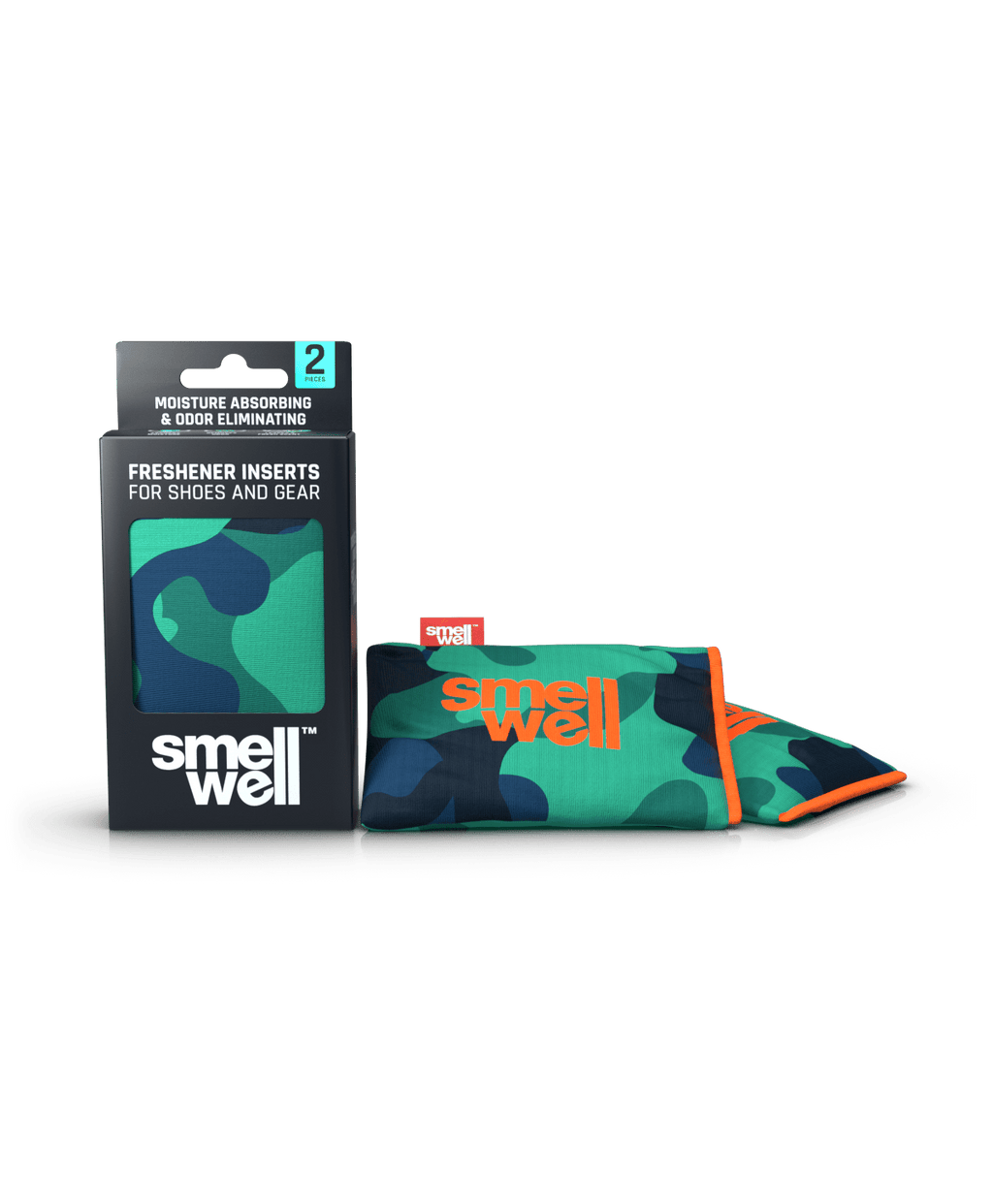 A package of SmellWell Active - Camo Green and 2 SmellWell Active - Camo Green freshener inserts bags next to it