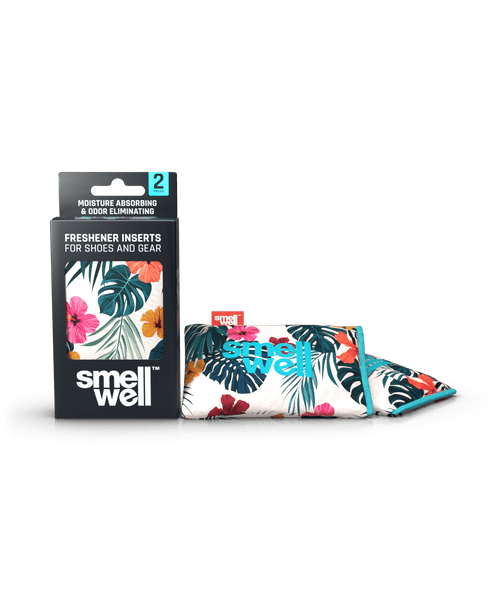 A package of SmellWell Active - Hawaii Floral and 2 SmellWell Active - Hawaii Floral freshener inserts bags next to it