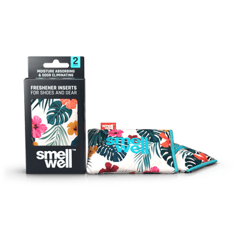 A package of SmellWell Active - Hawaii Floral and 2 SmellWell Active - Hawaii Floral freshener inserts bags next to it