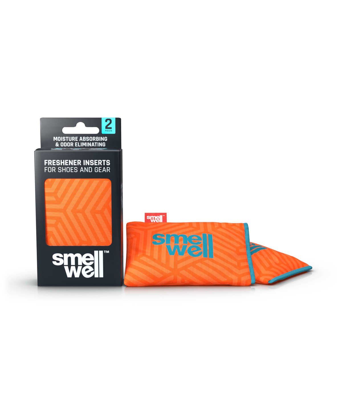 A package of SmellWell Active - Geometric Orange and 2 SmellWell Active - Geometric Orange freshener inserts bags next to it