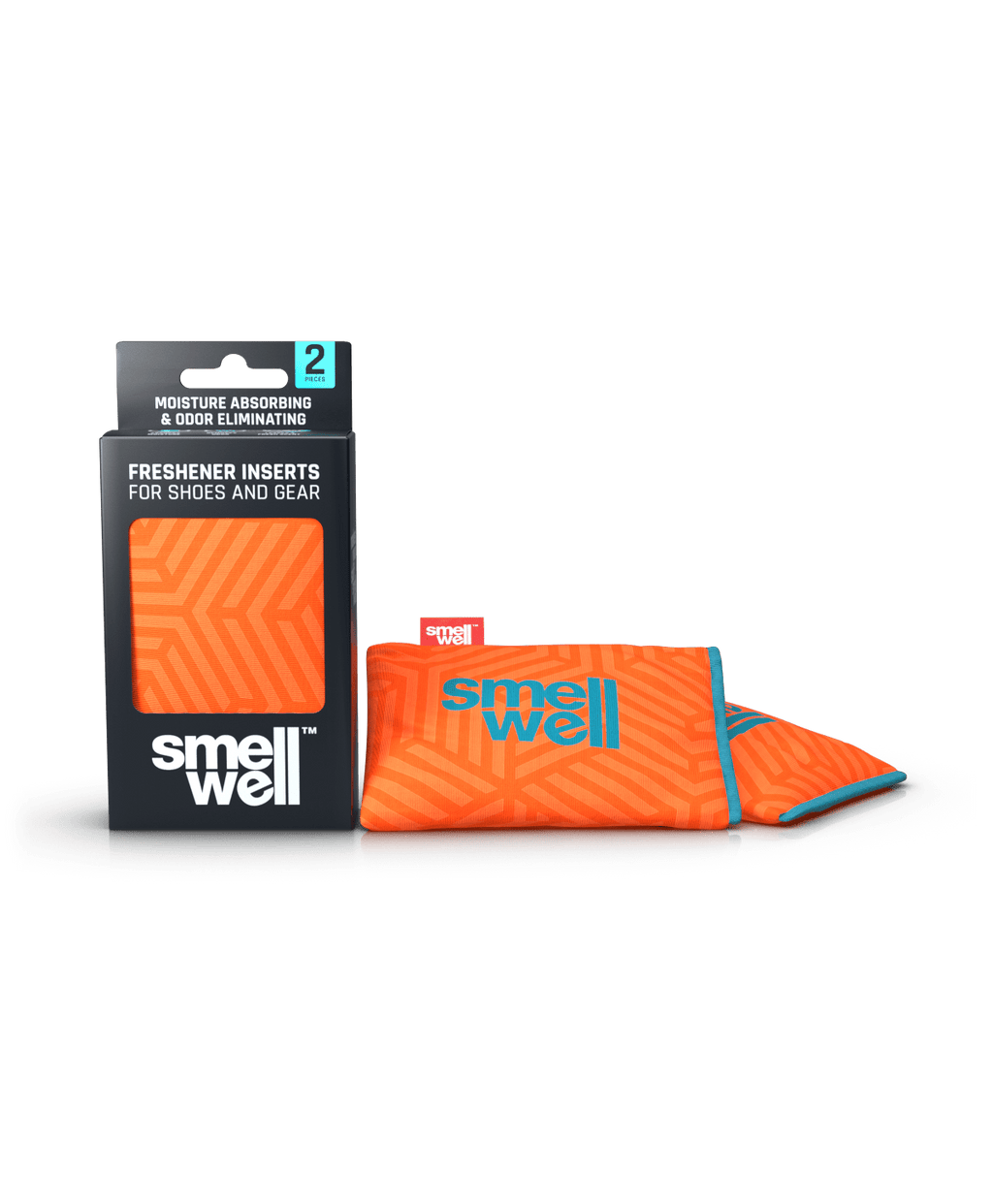 A package of SmellWell Active - Geometric Orange and 2 SmellWell Active - Geometric Orange freshener inserts bags next to it