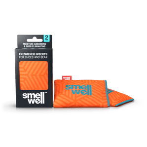 A package of SmellWell Active - Geometric Orange and 2 SmellWell Active - Geometric Orange freshener inserts bags next to it