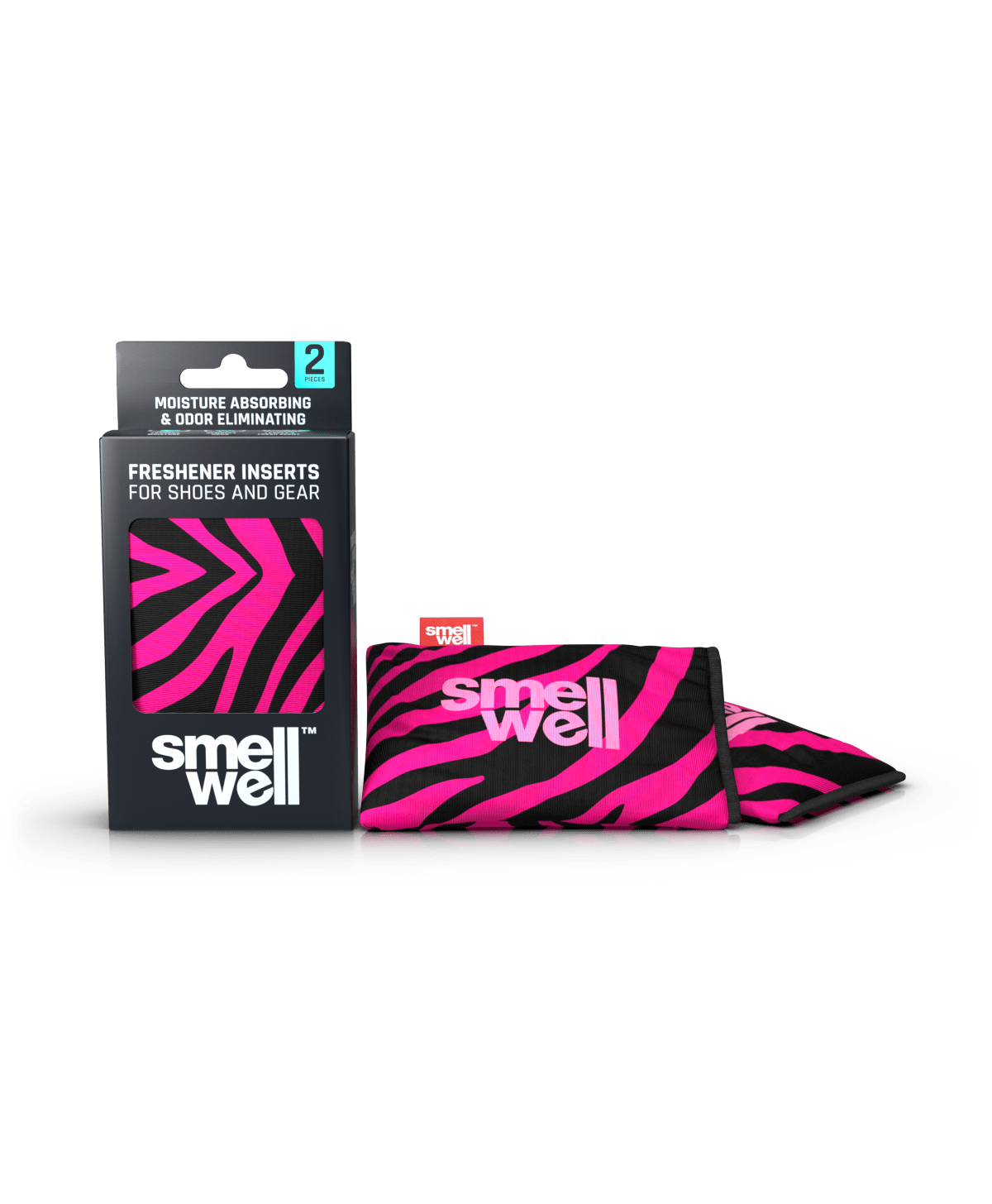 A package of SmellWell Active - Pink Zebra and 2 SmellWell Active - Pink Zebra freshener inserts bags next to it