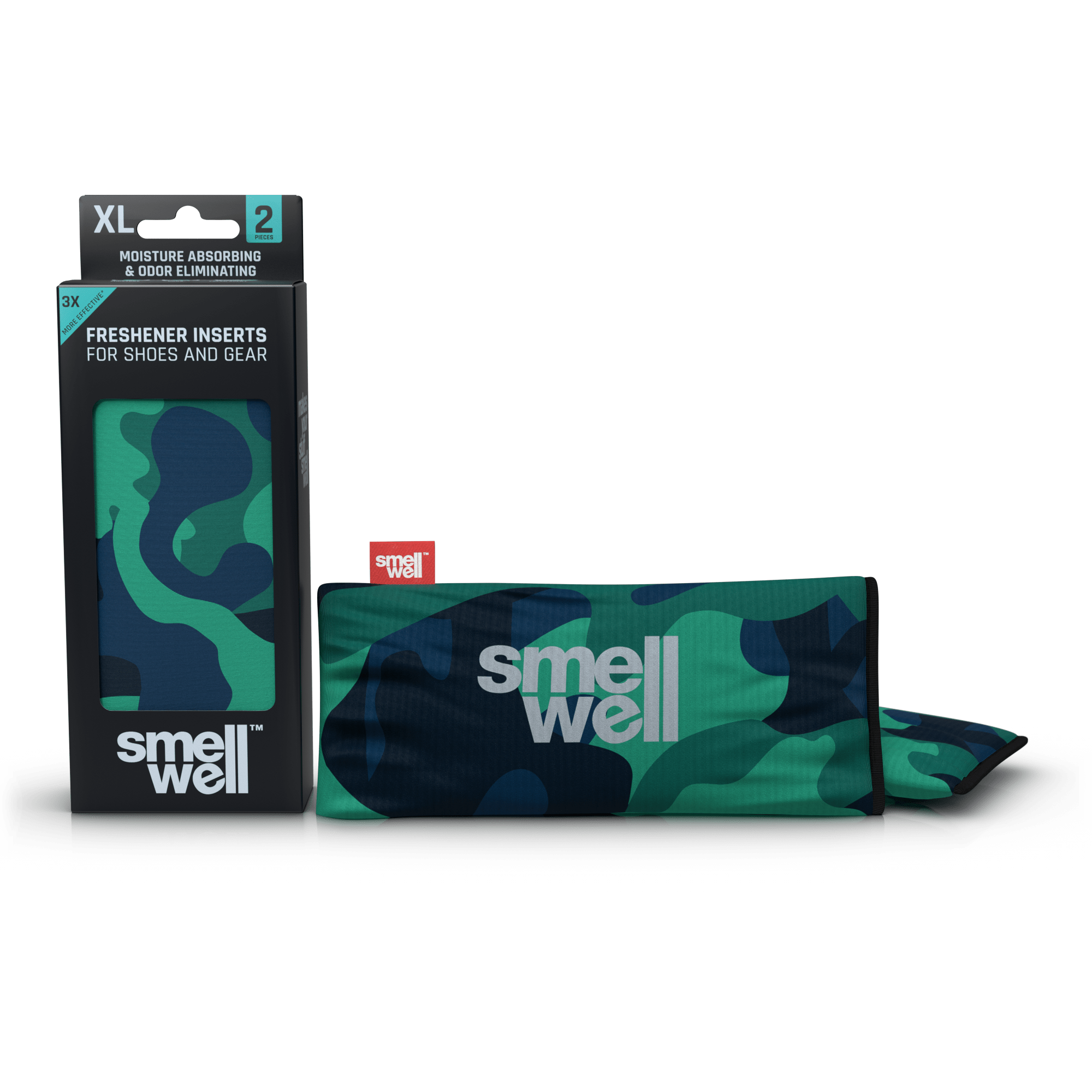 A package of SmellWell Active XL - Camo Grey and 2 SmellWell Active XL - Camo Grey freshener inserts bags next to it