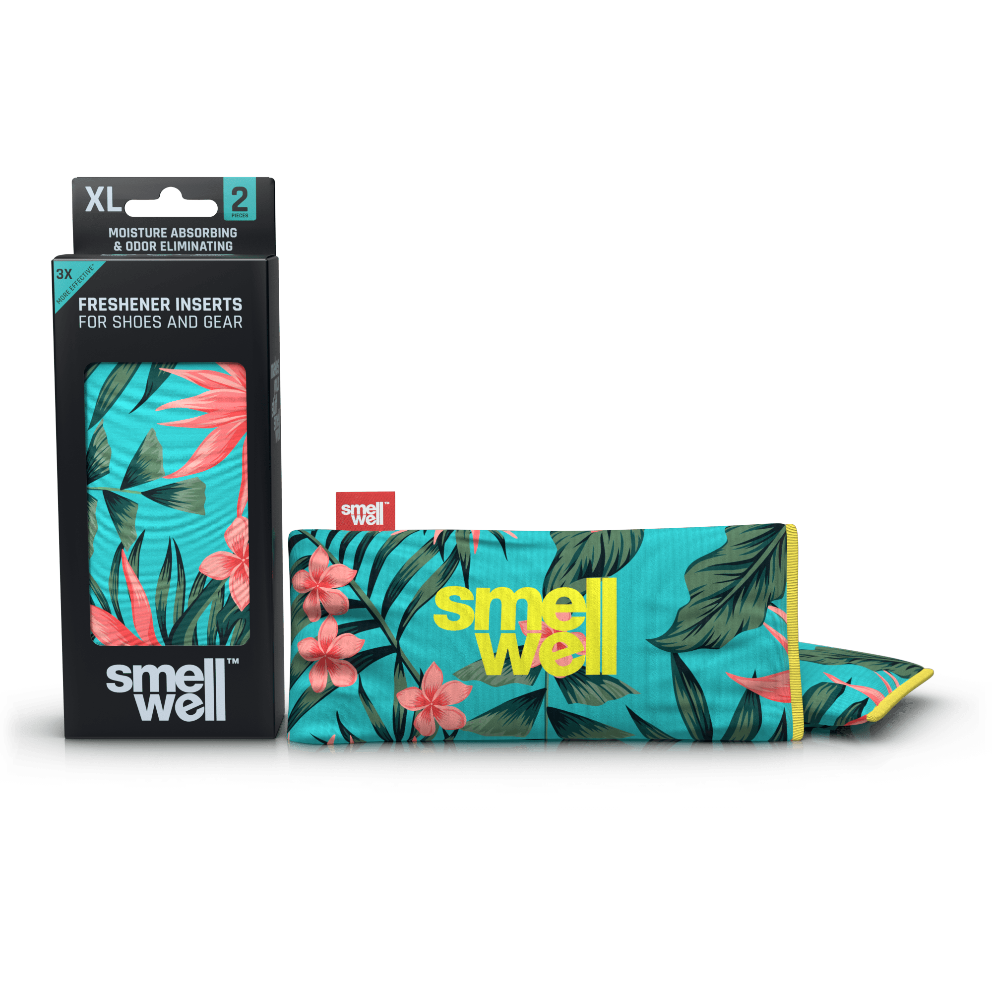 A package of SmellWell Active XL - Tropical Floral and 2 SmellWell Active XL - Tropical Floral freshener inserts bags next to it
