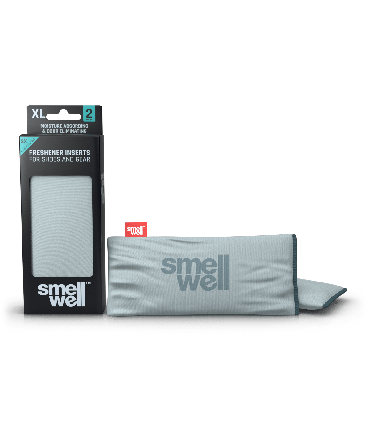 A package of SmellWell Active XL - Silver Grey and 2 SmellWell Active XL - Silver Grey freshener inserts bags next to it