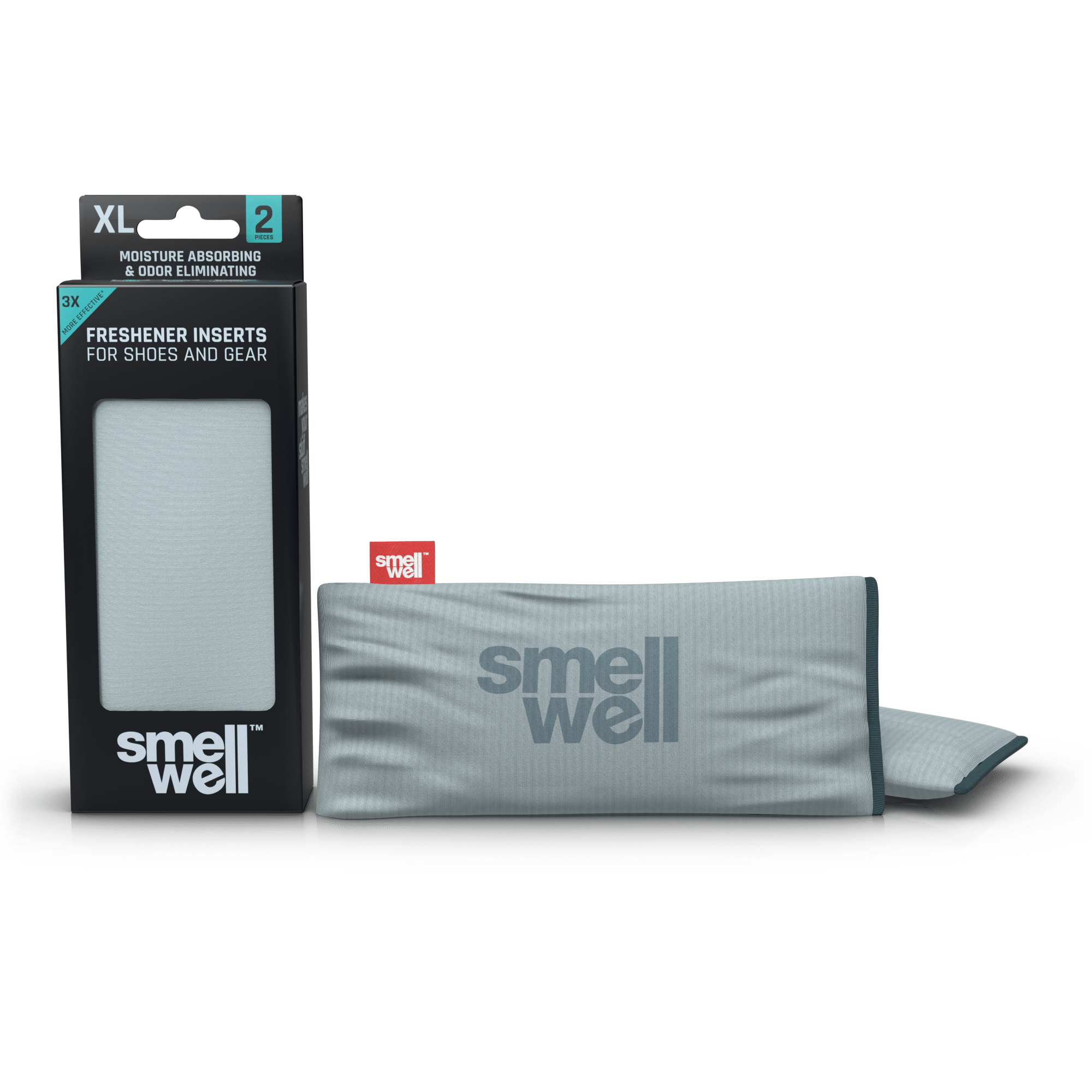 A package of SmellWell Active XL - Light Grey and 2 SmellWell Active XL - Light Grey freshener inserts bags next to it