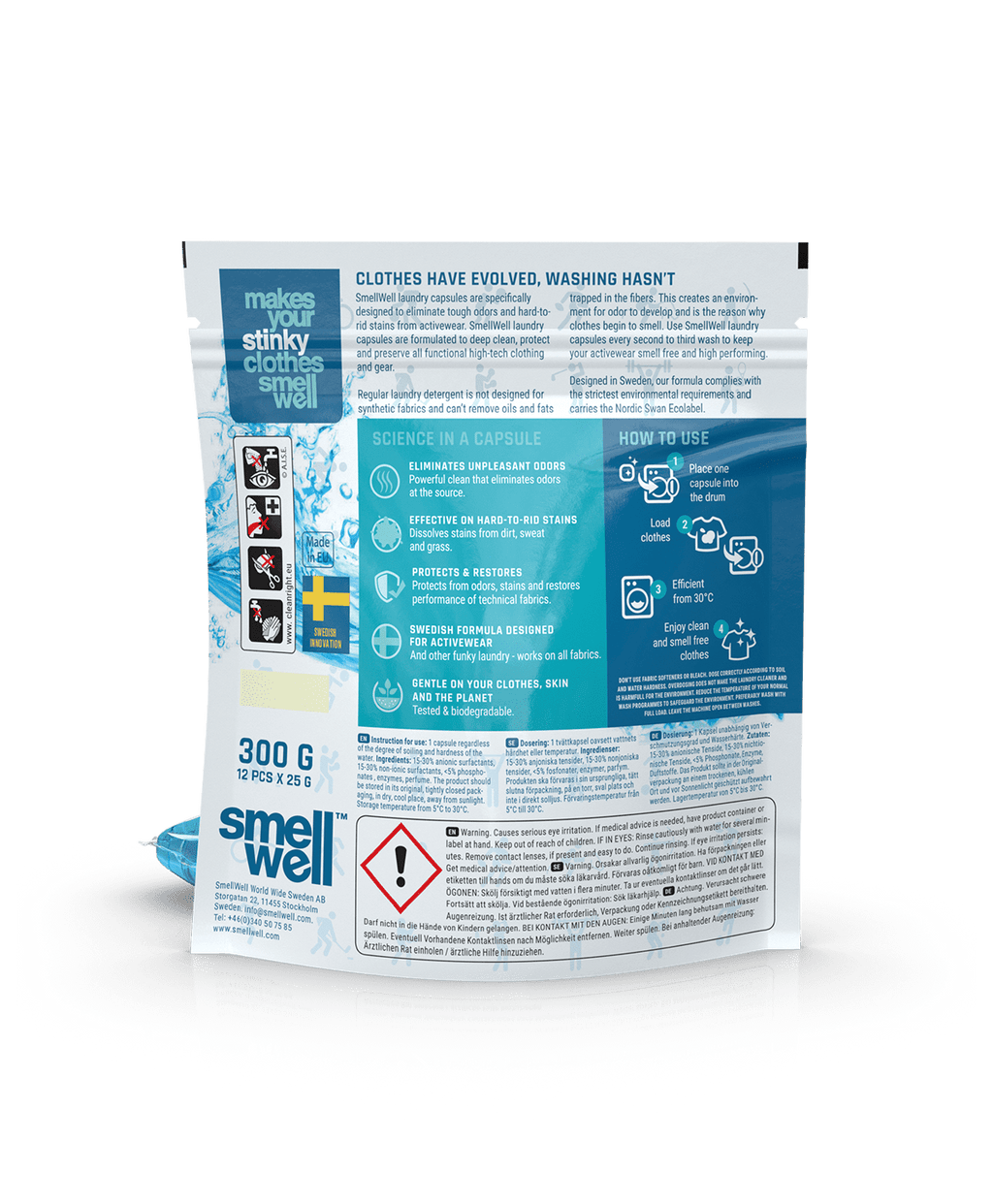 Backside of the SmellWell Laundry Capsules package