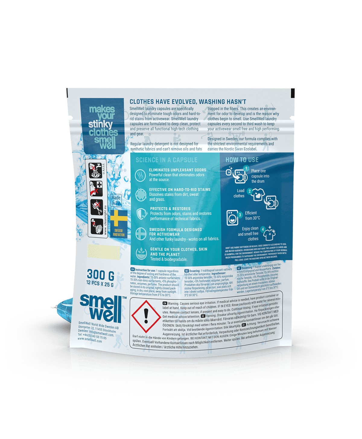 Backside of the SmellWell Laundry Capsules package