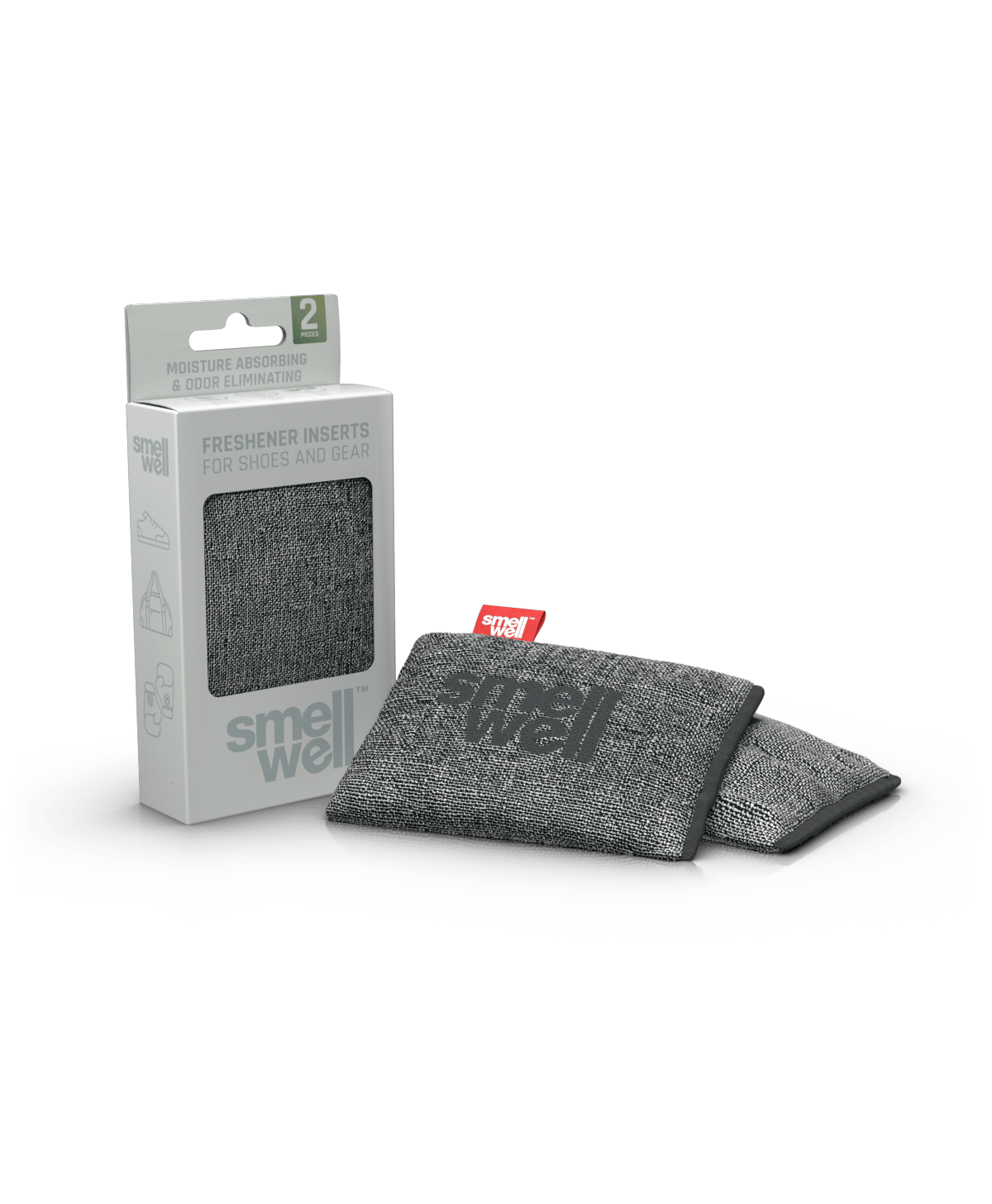 A package of SmellWell Sensitive - Grey from an angle and 2 SmellWell Sensitive - Grey freshener inserts bags next to it