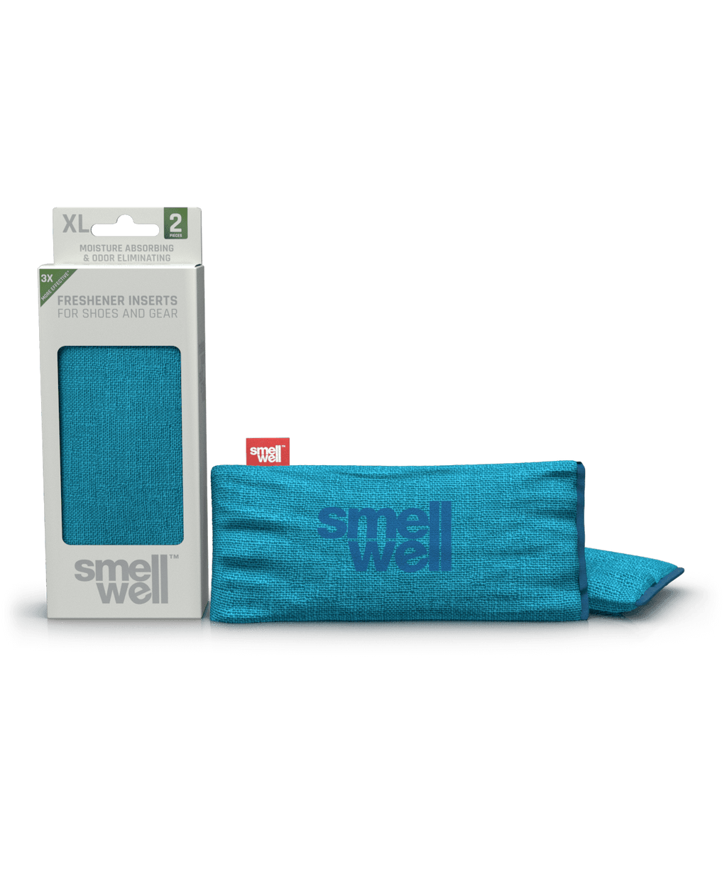 A package of SmellWell Sensitive XL - Blue and 2 SmellWell Sensitive XL - Blue freshener inserts bags next to it