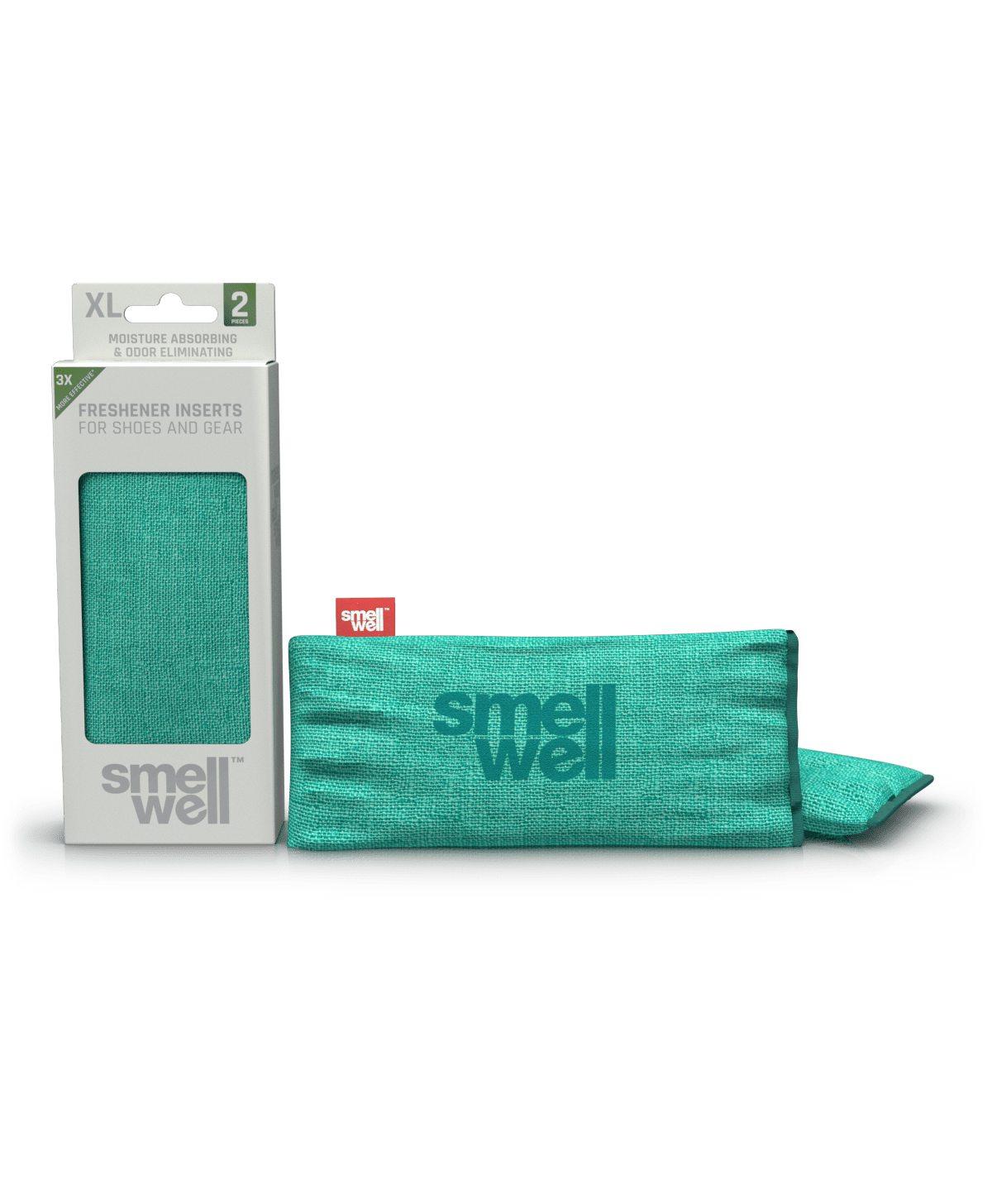 A package of SmellWell Sensitive XL - Green and 2 SmellWell Sensitive XL - Green freshener inserts bags next to it