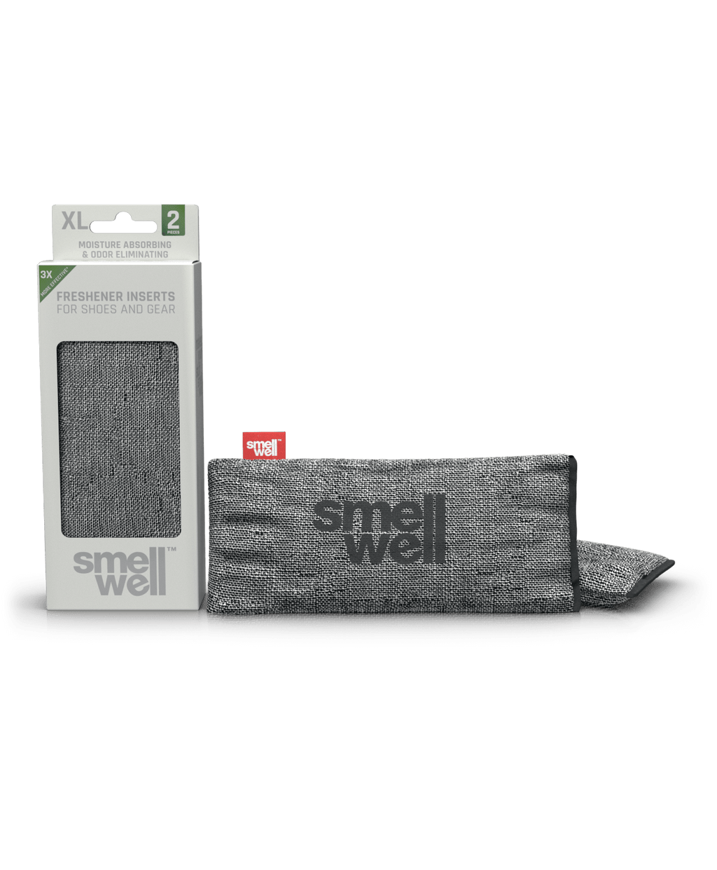 A package of SmellWell Sensitive XL - Grey and 2 SmellWell Sensitive XL - Grey freshener inserts bags next to it