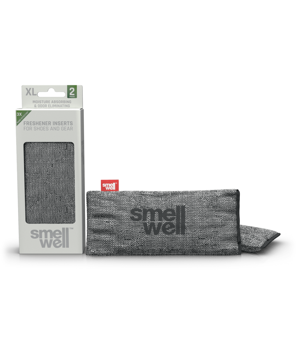 A package of SmellWell Sensitive XL - Grey and 2 SmellWell Sensitive XL - Grey freshener inserts bags next to it